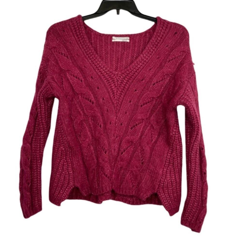 Anthropologie Ramona pink deep V-neck Cable knit sweater alpaca blend size Small